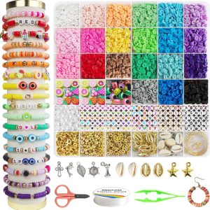 Redtwo 6200 Pcs Clay Beads Bracelet Making Kit, Flat Round Polymer Heishi Friendship Bracelet Jewelry Kit with Charms and Elastic Strings for Girls 8-12 Gifts for Kids