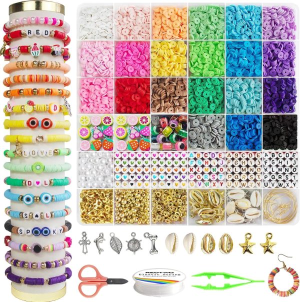 Redtwo 6200 Pcs Clay Beads Bracelet Making Kit, Flat Round Polymer Heishi Friendship Bracelet Jewelry Kit with Charms and Elastic Strings for Girls 8-12 Gifts for Kids
