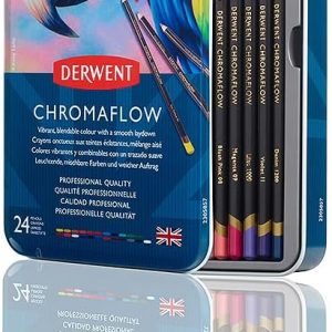 Derwent Chromaflow Colored Pencils Tin, Set of 24, Great for Holiday Gifts, 4mm Wide Core, Multicolor, Smooth Texture, Art Supplies for Drawing, Blending, Sketching, Professional Quality (2305857)
