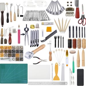 Dorhui Leather Craft Tools Kit, Leather Working Tools and Supplies Leather Craft Stamping Tool Waxed Thread Groover Awl Stitching Punch Hole for Leather Artworks