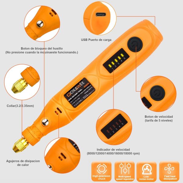 GOXAWEE Mini Cordless Rotary Tool Kit with 105pcs Accessories, USB Charging 5-Speed 18000rpm Multi-Purpose Art Craft Tool with 3.7V Li-ion Battery for Handmade Crafting and DIY Creations - Image 7