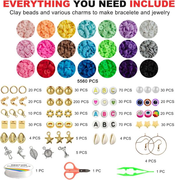 Redtwo 6200 Pcs Clay Beads Bracelet Making Kit, Flat Round Polymer Heishi Friendship Bracelet Jewelry Kit with Charms and Elastic Strings for Girls 8-12 Gifts for Kids - Image 5
