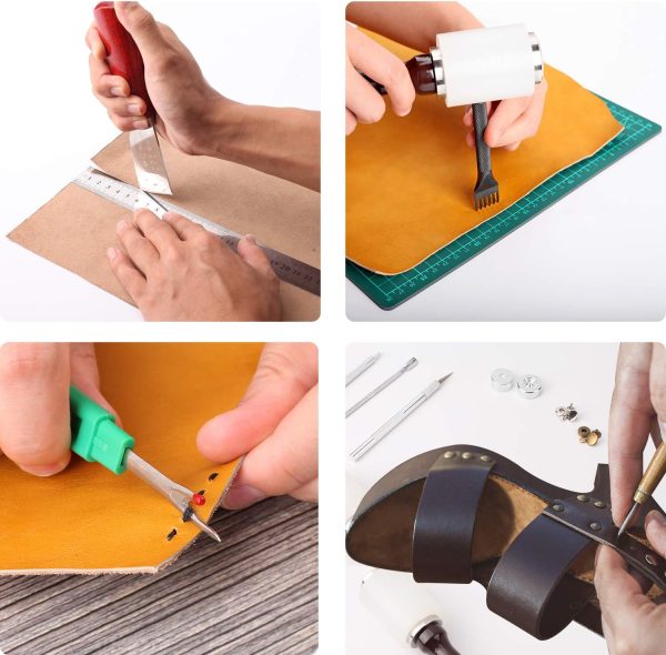 Dorhui Leather Craft Tools Kit, Leather Working Tools and Supplies Leather Craft Stamping Tool Waxed Thread Groover Awl Stitching Punch Hole for Leather Artworks - Image 6