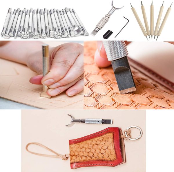 Dorhui Leather Craft Tools Kit, Leather Working Tools and Supplies Leather Craft Stamping Tool Waxed Thread Groover Awl Stitching Punch Hole for Leather Artworks - Image 5
