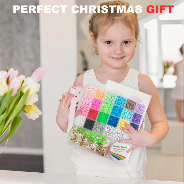 Redtwo 6200 Pcs Clay Beads Bracelet Making Kit, Flat Round Polymer Heishi Friendship Bracelet Jewelry Kit with Charms and Elastic Strings for Girls 8-12 Gifts for Kids - Image 6