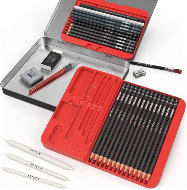 Arteza Drawing Set for Adults, Set of 33 Artist Sketching Tools, 20 Graphite & 4 Charcoal Sketch Pencils, 1 Fineliner, 3 Blenders, 1 Sharpener, 3 Erasers & 1 Hobby Knife, Art Supplies for Drawing - Image 6
