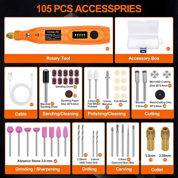 GOXAWEE Mini Cordless Rotary Tool Kit with 105pcs Accessories, USB Charging 5-Speed 18000rpm Multi-Purpose Art Craft Tool with 3.7V Li-ion Battery for Handmade Crafting and DIY Creations - Image 4