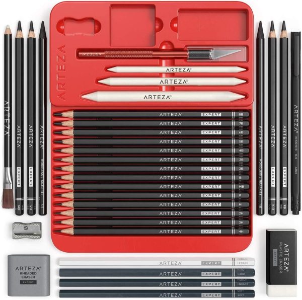 Arteza Drawing Set for Adults, Set of 33 Artist Sketching Tools, 20 Graphite & 4 Charcoal Sketch Pencils, 1 Fineliner, 3 Blenders, 1 Sharpener, 3 Erasers & 1 Hobby Knife, Art Supplies for Drawing - Image 5