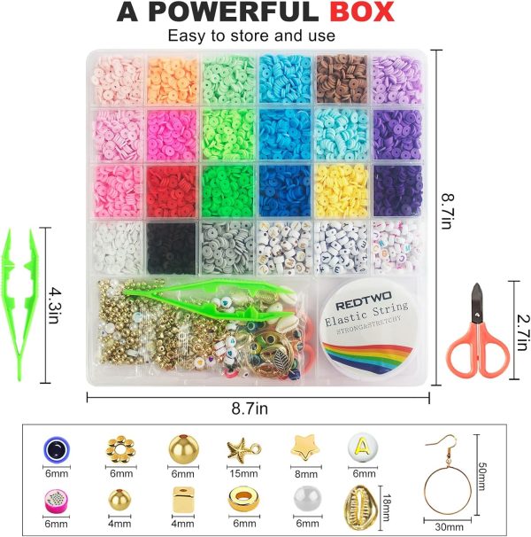 Redtwo 6200 Pcs Clay Beads Bracelet Making Kit, Flat Round Polymer Heishi Friendship Bracelet Jewelry Kit with Charms and Elastic Strings for Girls 8-12 Gifts for Kids - Image 3