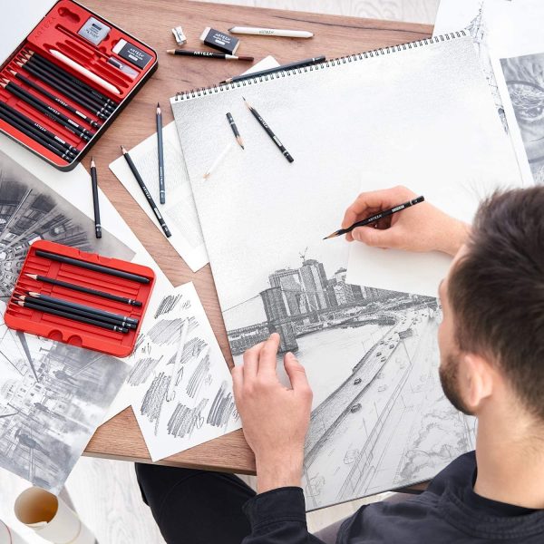 Arteza Drawing Set for Adults, Set of 33 Artist Sketching Tools, 20 Graphite & 4 Charcoal Sketch Pencils, 1 Fineliner, 3 Blenders, 1 Sharpener, 3 Erasers & 1 Hobby Knife, Art Supplies for Drawing - Image 3