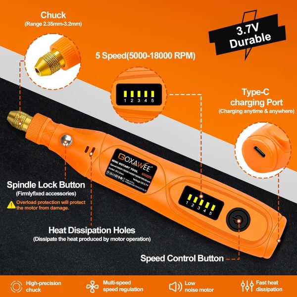 GOXAWEE Mini Cordless Rotary Tool Kit with 105pcs Accessories, USB Charging 5-Speed 18000rpm Multi-Purpose Art Craft Tool with 3.7V Li-ion Battery for Handmade Crafting and DIY Creations - Image 3