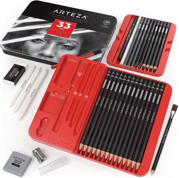 Arteza Drawing Set for Adults, Set of 33 Artist Sketching Tools, 20 Graphite & 4 Charcoal Sketch Pencils, 1 Fineliner, 3 Blenders, 1 Sharpener, 3 Erasers & 1 Hobby Knife, Art Supplies for Drawing - Image 4