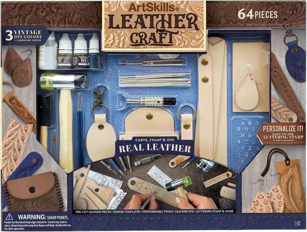 ArtSkills Leather Working Kit for Beginners with Leather Tools, Dyes, and Leather Stamps, Leather Crafting Kits for Adults & Teens, 64 pc